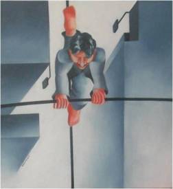 Michel COLOMBIN - L' équilibriste. Huile sur toile. 40 X 40
