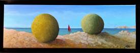 Claude André-Laffaye - NT.2 boules et voilier rouge-Acrylique sur toile-60x20cm-Encadré-Disponible-344€.