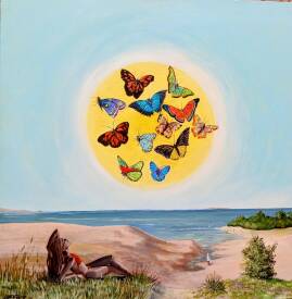 Claude André-Laffaye - Nouvelle Terre et les Papillons. Arylique sur toile. 80 x 80 cm. 800 €. Vendu.