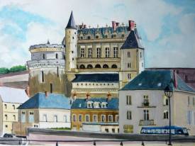 Claude André-Laffaye - Chateau d'Amboise. Gouache sur papier. Sous-verre 52x42. Disponible. 130€.