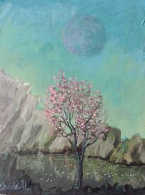 Claude André-Laffaye - "Pommier en fleur"sur le cratère au bord du lac. Acrylique sur carton toilé. 24X18 cm. Encadré.70€. Disponible..