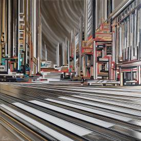 Leslie BERTHET LAVAL - "Cité urbaine" 120x120 cm technique mixte sur INOX Réf: URB0528 disponible