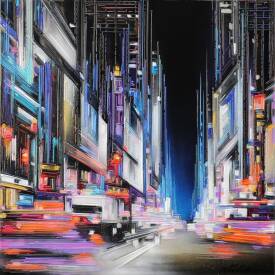 Leslie BERTHET LAVAL - " Nuit urbaine " 80x80 cm Technique mixte sur Toile Réf: URB0455. VENDU