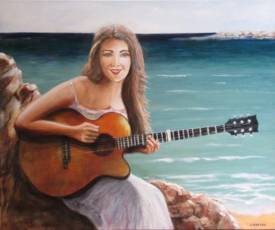 Patricia BRETEL - La guitariste - acrylique toile lin - 60 X 50 - disponible