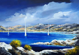 Eric BRUNI - Voiliers dans la baie - Tableau bord de mer - Artiste peintre BRUNI