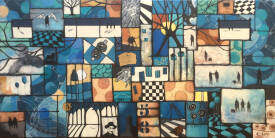 Pascale Fey - CFey - KLAN 57Acrylique sur toile 160x80- prix environ 4000 euros  Dans la série : KLAN ,j'aime l'idée d'un monde mosaïque où tous les états se superposent. Joyeux bazar d’instants et d’émotions qui réunit pèle mêle les personnages et les diverses idées qui me t