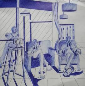 Michel COLOMBIN - Carnet de voyage. Salon de thé 1. Metz. Stylo à bille bleu.