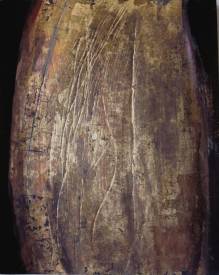 Valérie de LAUBRIERE - Graffures 75x90cm acrylique, pigment,argent,or sur bois gravé 2010