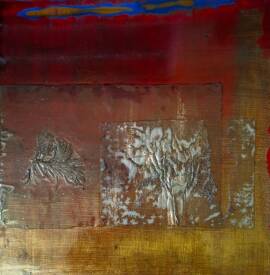 Valérie de LAUBRIERE - Liens 30X30cm laque; vernis,pigment,papier,algue sur bois 2025