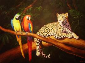 Patrick DEVAUD - contemplation amazoniénne ,jaguar et perroquets -60figure