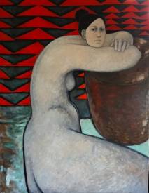Roxane DURAFFOURG - Attente aux triangles rouges, huile sur toile, 116x89cm by Roxane Duraffourg