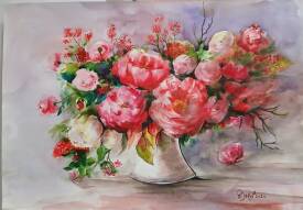 Evelyne Sampério - EBorel - Roses et pivoines dans le pot blanc