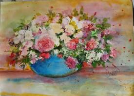 Evelyne Sampério - EBorel - Fleurs dans pot bleu