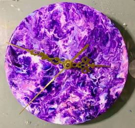 Florence FERAUD-AIGLIN - Horloge bois peinture acrylique pouring 17cm diamètre