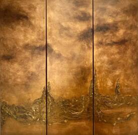 Véronique GEIGER - Triptyque sur toile (0,40x1,20m)x3 Acrylique feuilles d’or 22 carats VENDU