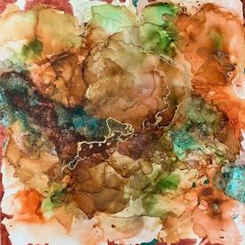 Véronique GEIGER - rivière souterraine  encre à l’alcool feuille d’or 22 carats acrylique 80x80cm  1100€