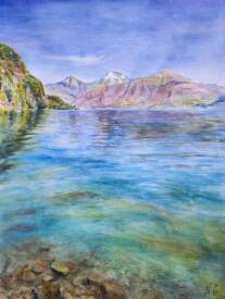 Natalia GRIGORIEVA - " Montagnes roses et nuages en forme de plumes. Lac de Côme ". Série d'aquarelles " Souvenirs d'Italie "