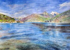 Natalia GRIGORIEVA - " Le brouillard et les nuages au-dessus des Alpes. Lac de Côme ". Série d'aquarelles " Souvenirs d'Italie "