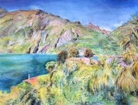 Natalia GRIGORIEVA - Série d'aquarelles " Souvenirs d'Italie " – " Toit rouge. Lac de Lugano au printemps "