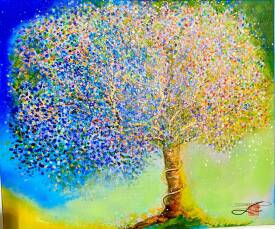Josette KARSENTI - arbre de vie fond bleu et vert tendre 61X50.jpg