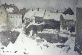 Alfred Freddy Krupa - Les vieilles maisons sous la neige (au bord de la rivière Kupa à Karlovac)