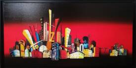 Marc LE DIZET - Ville rouge. Acrylique, cartons, collages et matériaux divers. 50x100. 1200 e.