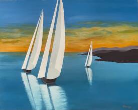 Virginie Monange - Les voiles blanches  peinture à l'huile voilier coucher de soleil virginie monange.jpeg