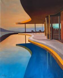 Virginie Monange - peinture à l'huile de Virginie Monange maison californienne avec piscine et coucher de soleil.jpg