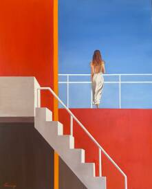 Virginie Monange - Peinture à l'huile de Virginie Monange femme en haut d'un escalier dans architecture moderne.jpg