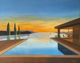 Virginie Monange - La piscine Peinture à l'huile sur toile minimaliste et moderne coucher de soleil par Virginie Monange.jpeg