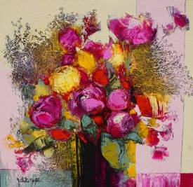 Nathalie MONTEL - Bouquet rose.50x50cm