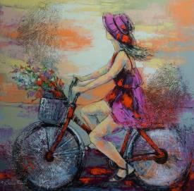 Nathalie MONTEL - La bicyclette rouge.60x60cm