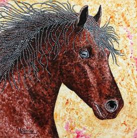 Michel PERRIER - Cheval pointillé fond jaune