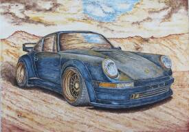 Michel PERRIER - MP-Porsche-bleue-jantes_dorees-92X65cm