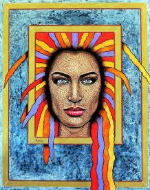 Michel PERRIER - MP-portrait-feminin-pointille-colore-Interieur_cadre1-100X80cm