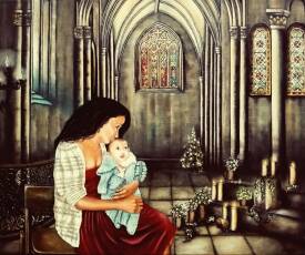 Gui PETRA - Portrait d'une jeune maman avec son enfant à l'église, Acrylique sur toile 55x46cm Aoüt 2023 (ND).jpg