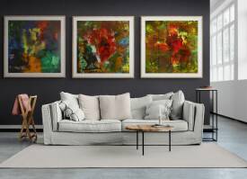 Michel Thévenot dit PICH - Pich'magic abstract paints 165, 166,167 au mur d'un salon
