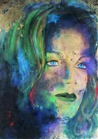 Anne ROBIN - Romy portrait peinture acrylique feuille d'or