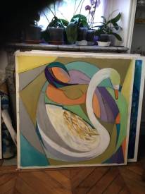 Lydia SAMMARTIN - Leda ét le cygne huile sur toile 100x100.  Disponible 1200 eur