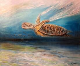 Irène Pouvreau - SYRÈNE - 46x55 -TORTUE aux reflets d'or-Acryl.