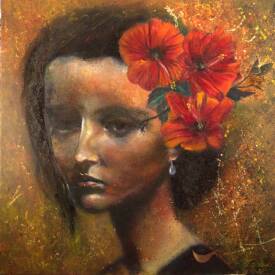 Stéphane TEXEREAU - Dame aux fleurs d'hibiscus encre, acrylique et huile sur toile de 80x80cm 2026