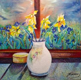 Stéphane TEXEREAU - 2025 Avril VASE AUX NARCISSES ET FENETRE SUR JARDIN D'IRIS Techniques Mixtes sur toile de 60x60cm.jpg
