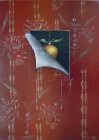 Véronique VALLET - "Pommes en Suspens avec arabesques fond rouge"