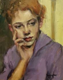 Sylvie VANLERBERGHE - Pensive Huile sur Dibond 20x25.jpg