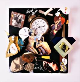 Sylvain ZABETH - 1991 Paris 'Rêve ultime' collage carton et papier avec accumulation  d'objets divers collés sur support bois peinture acrylique 50 x46cm.JPG