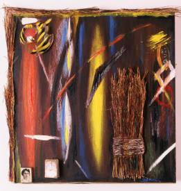Sylvain ZABETH - 1988 New-York usa'mère et filles' Collage photo avec accumulation d'objets divers sur support bois, peinture acrylique et pastels 47x48cm.jpg