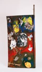 Sylvain ZABETH - 1988 Paris 'Chronique d'une révolte' collage papier et accumulation d'objet divers sur support carton, peinture acrylique 140x59cm.jpg