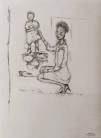 Sylvain ZABETH - 6)2023. Paris. Croquis sur papier. Titre (femme accroupie à l’enfant) Technique crayon Pierre noir. 24x32cm.jpg