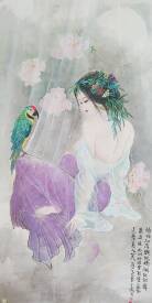 Erfeng ZHENG - Dame au perroquet sous la pleine lune